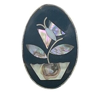 Vintage Alpaca Mexico Floral Inlay Abalone Shell Silver ‎ Brooch
